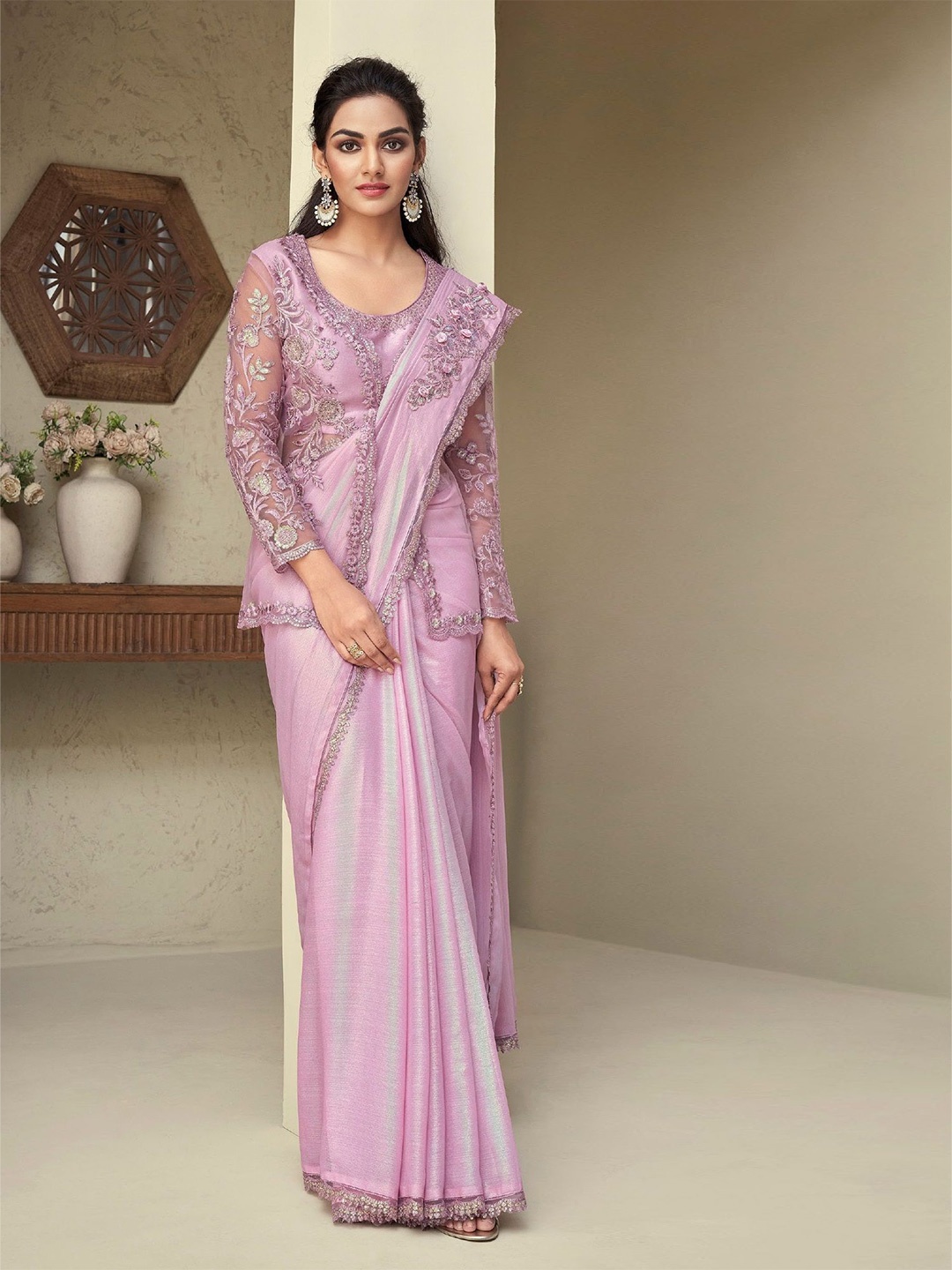 

Reboot Fashions Embellished Embroidered Poly Chiffon Saree, Pink