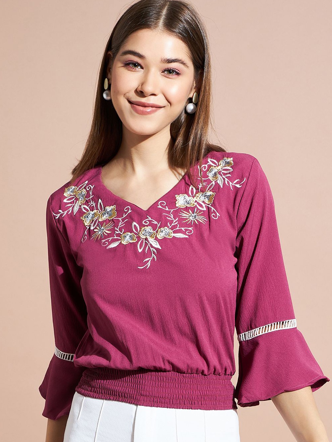 

DressBerry Women Floral Embroidered Bell Sleeve Blouson Crop Top, Burgundy