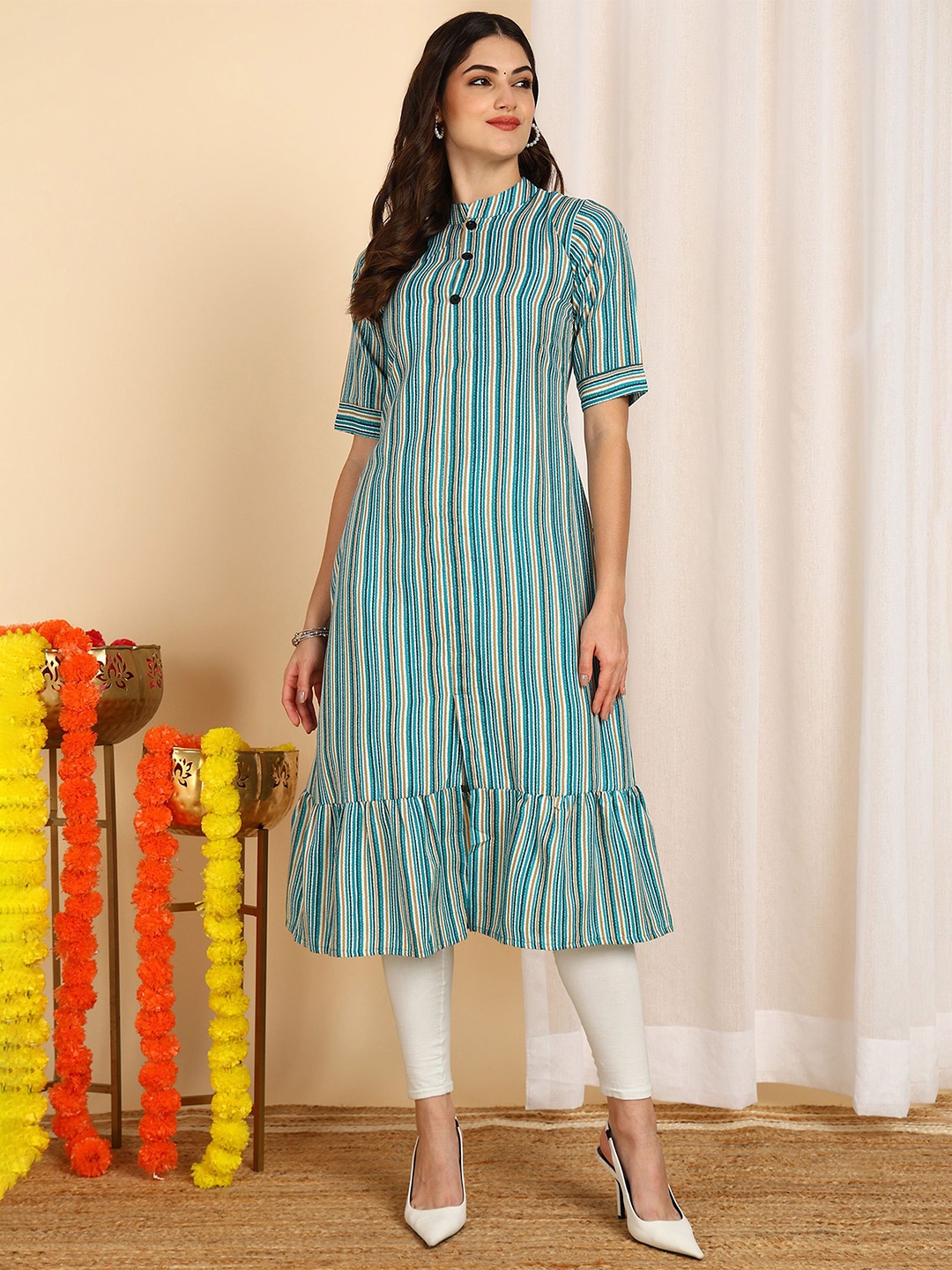 

DSK STUDIO Striped Mandarin Collar Ethnic A-Line Kurta, Turquoise blue