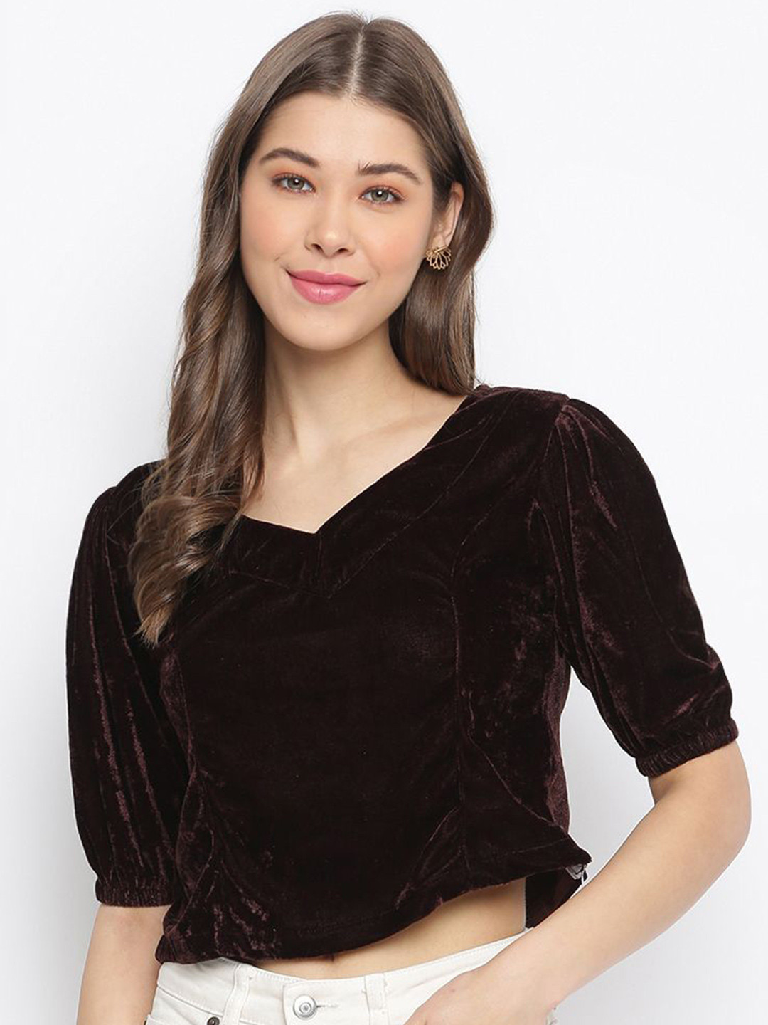 

DressBerry Women V-Neck Crop Top, Coffee brown