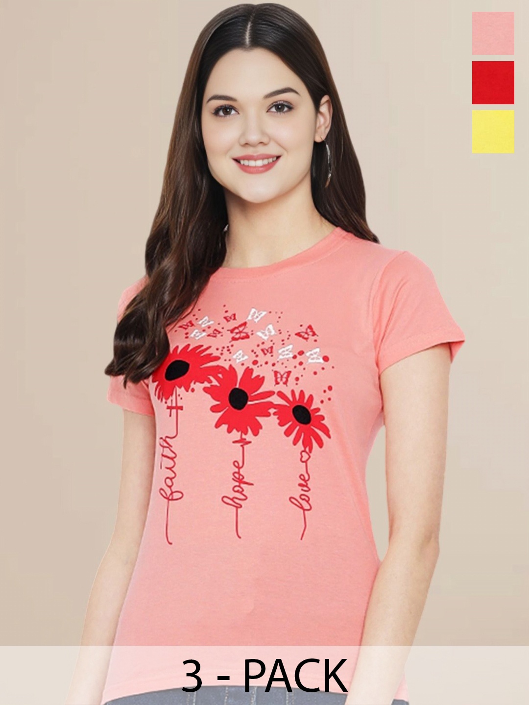 

Metronaut Women Pack Of 3 Typography Printed Round Neck Cotton T-shirts, Red