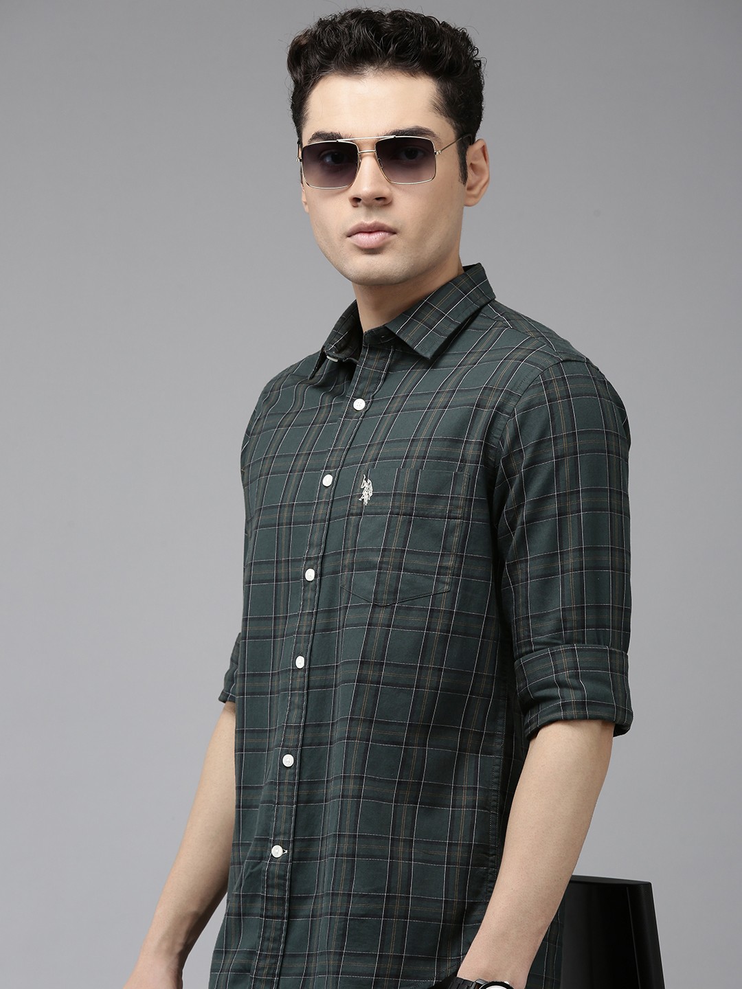 

U.S. Polo Assn. Tailored Fit Checked Pure Cotton Casual Shirt, Green