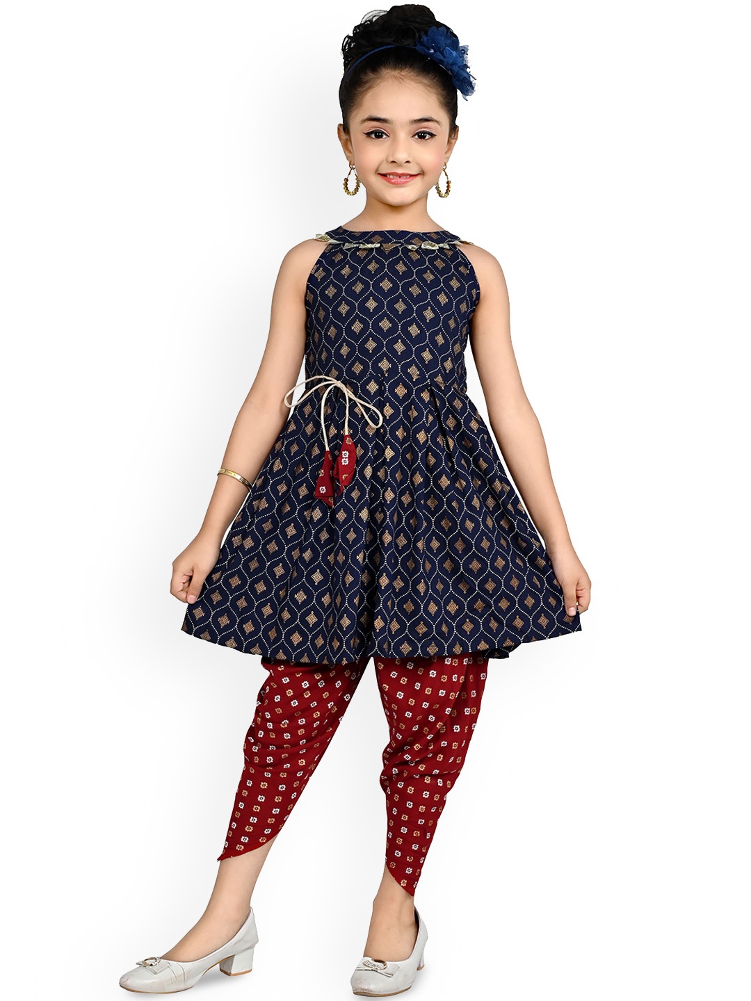 

Arshia Fashions Girls Floral Printed Angrakha Kurti with Dhoti Pants, Blue