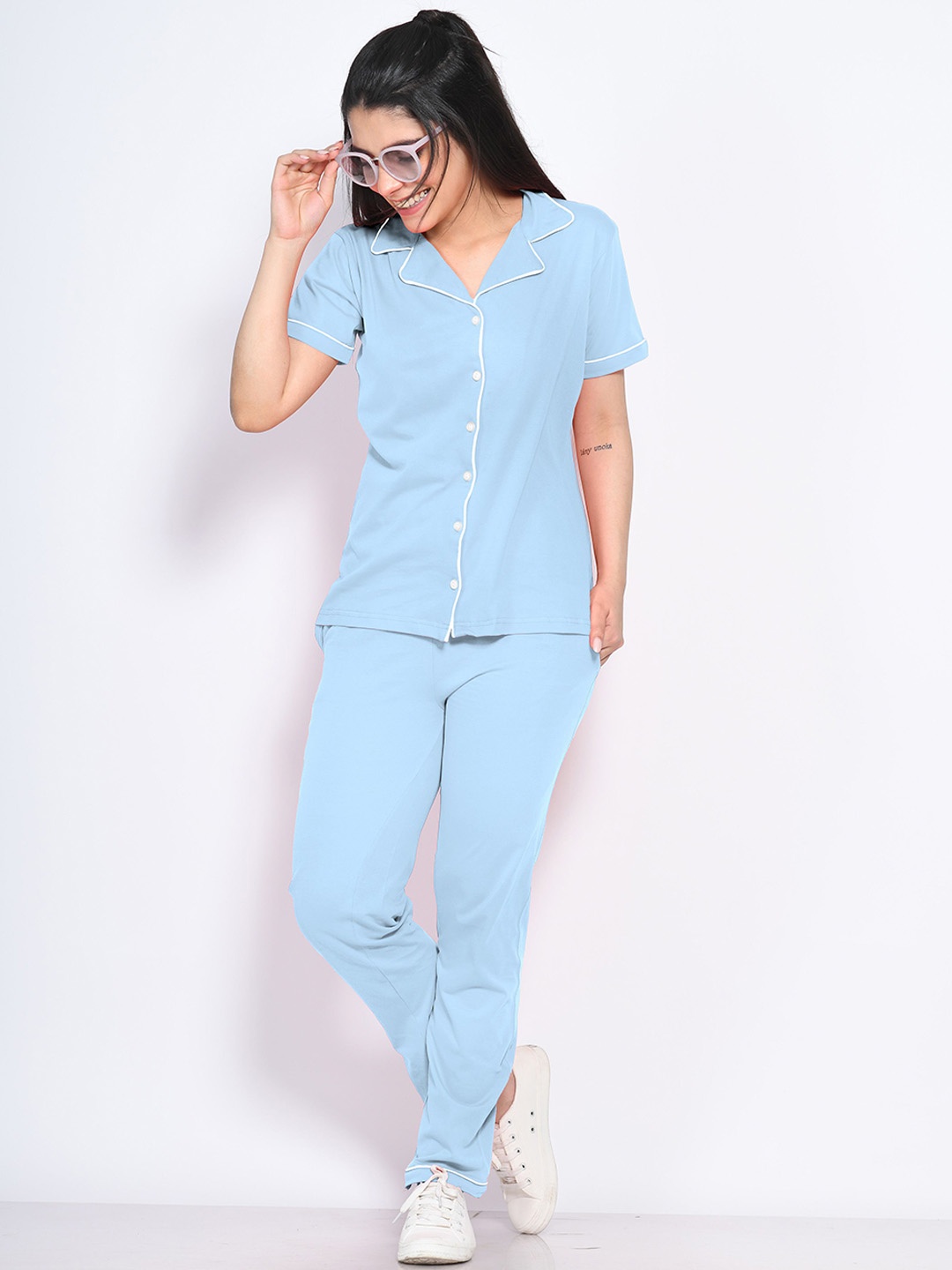 

NAP STORY Women Solid Half Sleeves Shirt and Pyjama Nightsuit Set, Blue