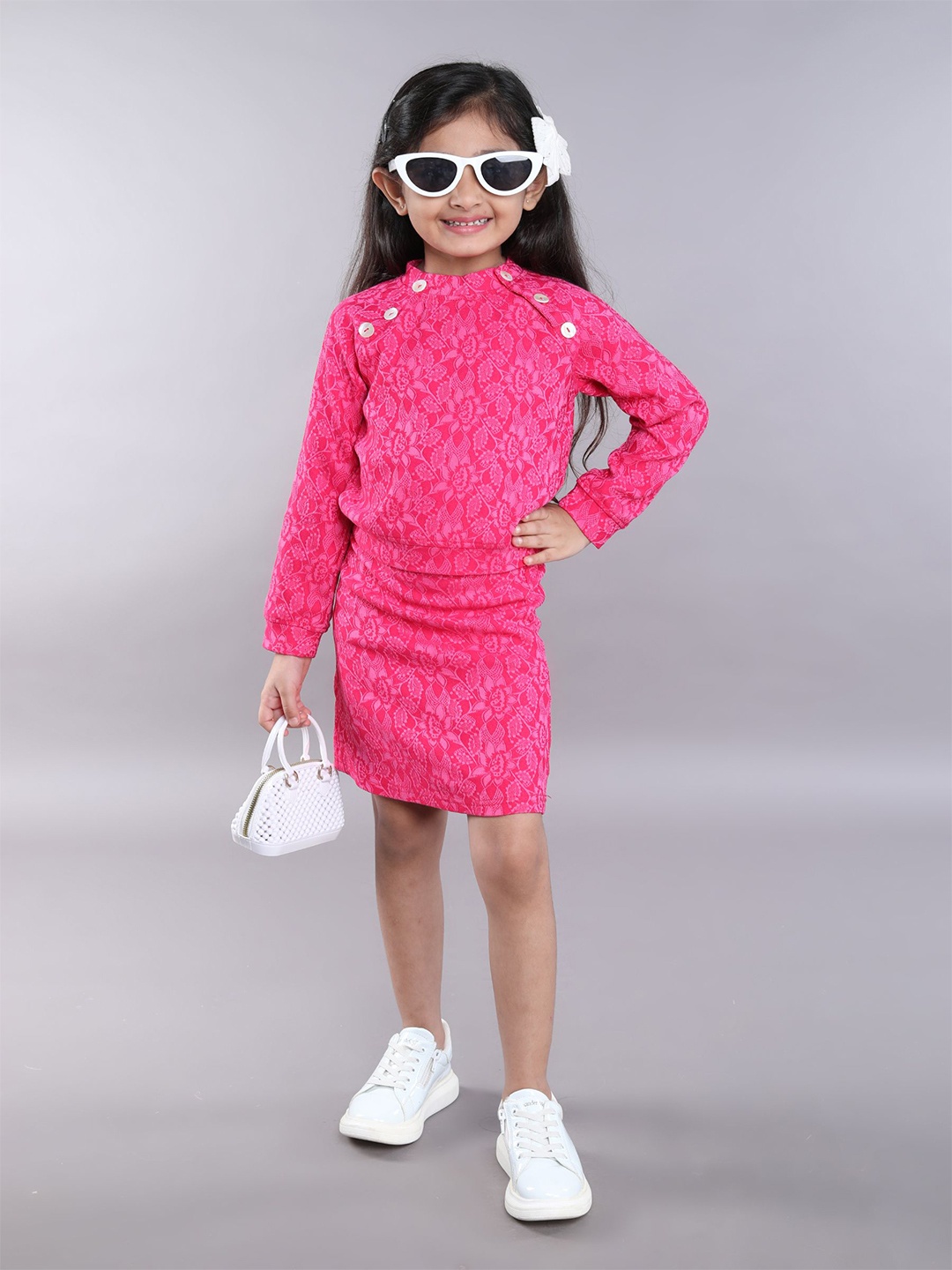 

taffykids Girls Printed Top with Skirt, Pink