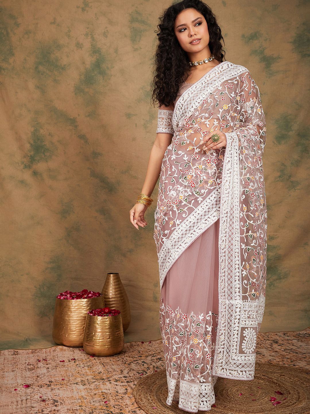 

Suha Embellished Embroidered Supernet Saree, Purple