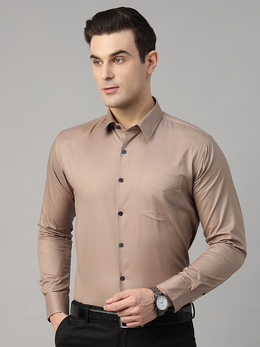 

Hancock Men Standard Slim Fit Pure Cotton Formal Shirt, Brown