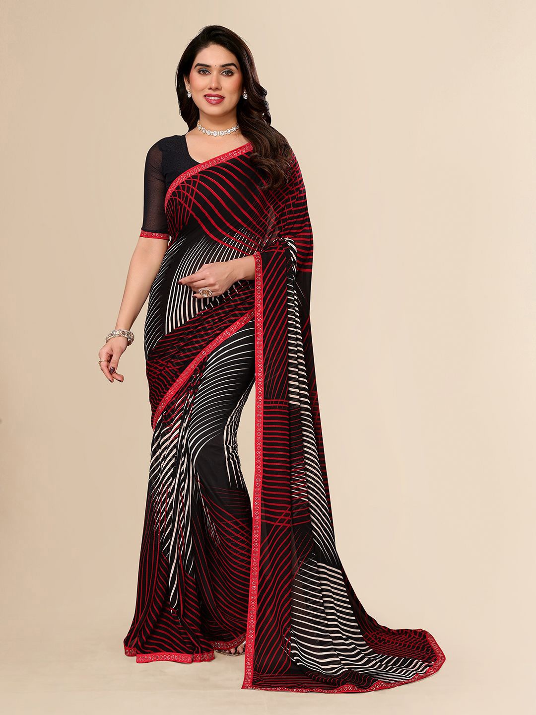 

ANAND SAREES Striped Beads and Stones Pure Georgette Saree, White