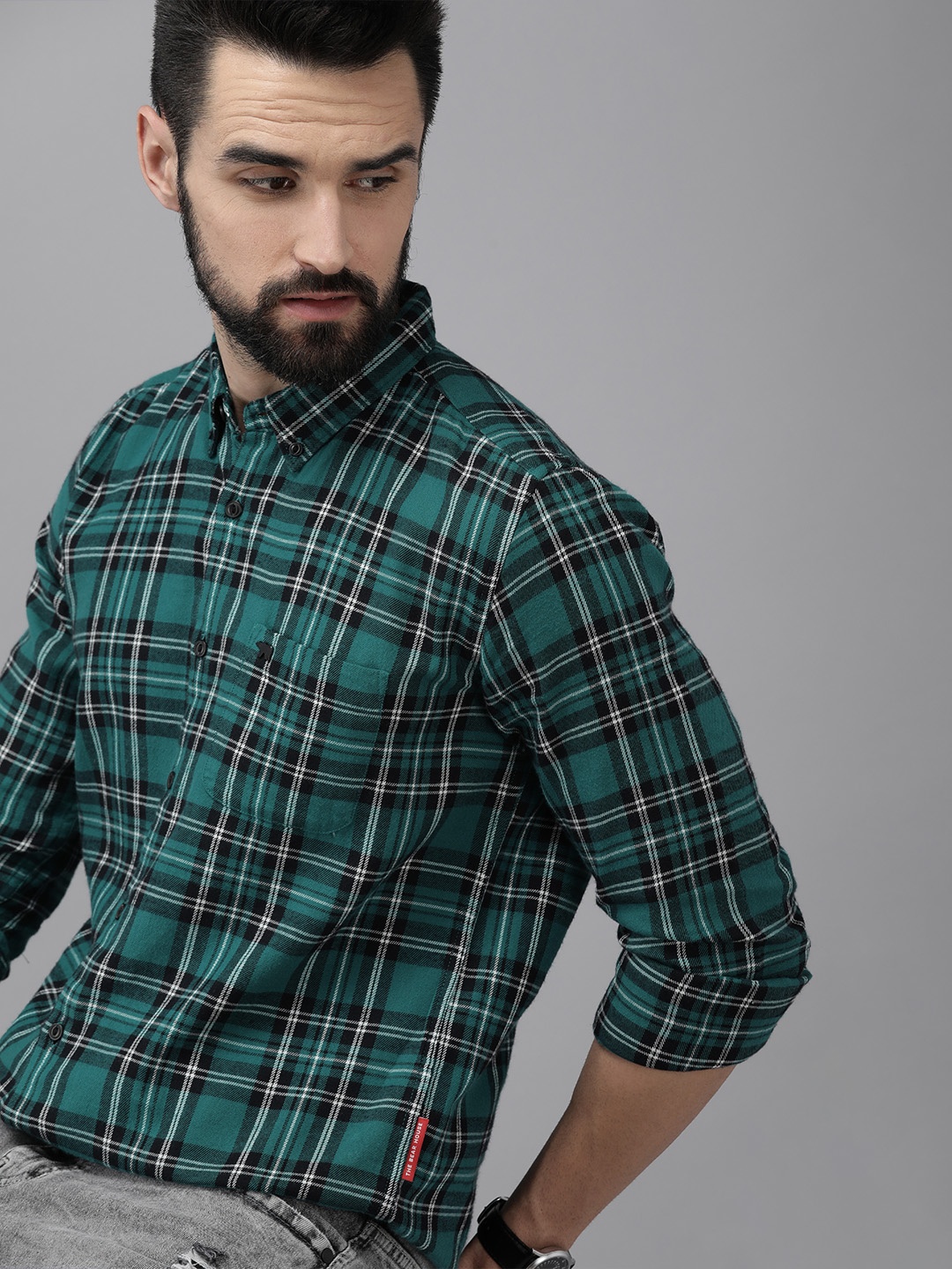 

THE BEAR HOUSE Men Green & Black Slim Fit Checked Flannel Cotton Casual Shirt