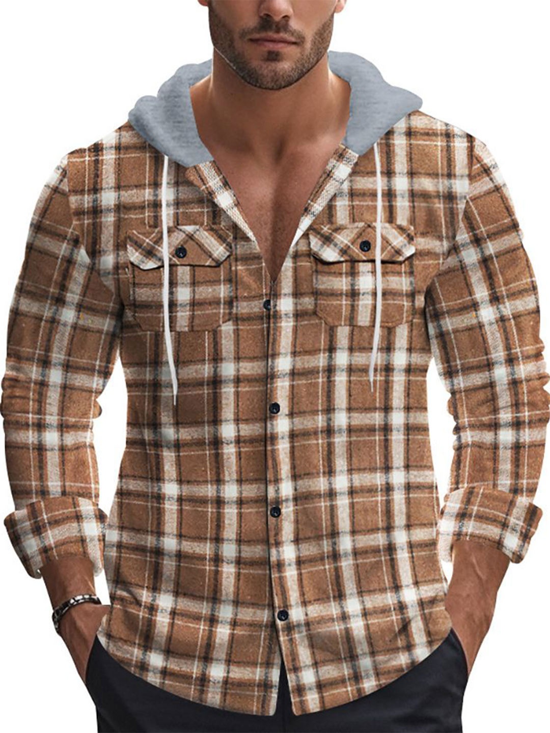 

StyleCast x Revolte Men Checked Hooded Sweatshirt, Khaki