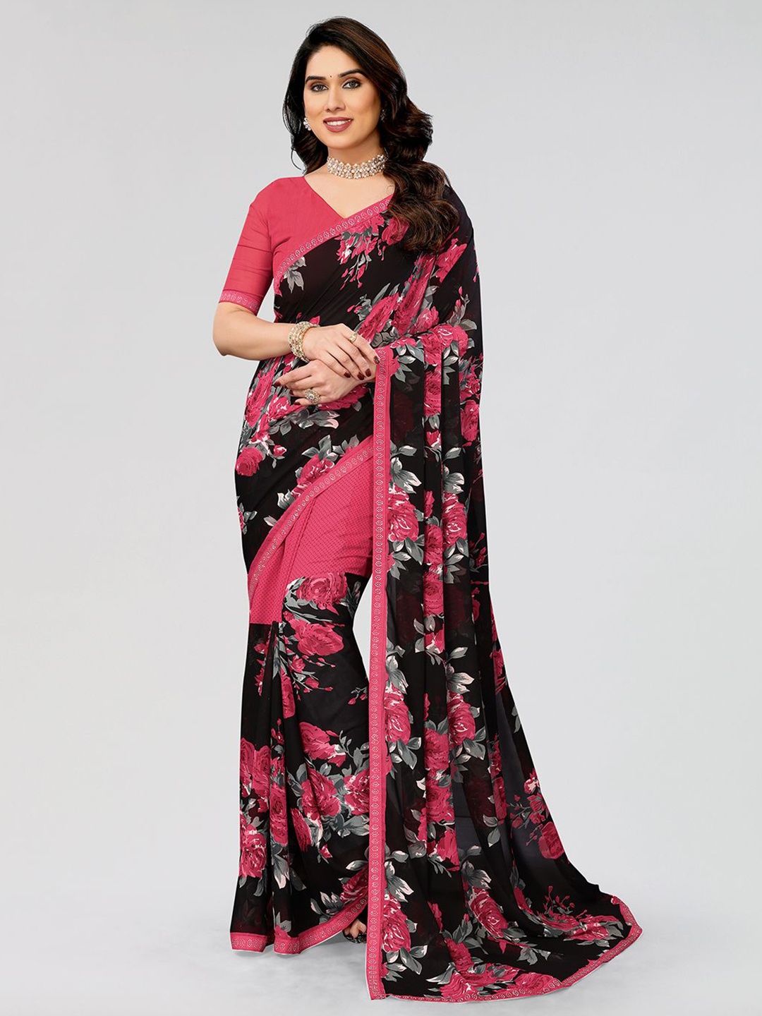 

ANAND SAREES Floral Pure Georgette Saree, Black