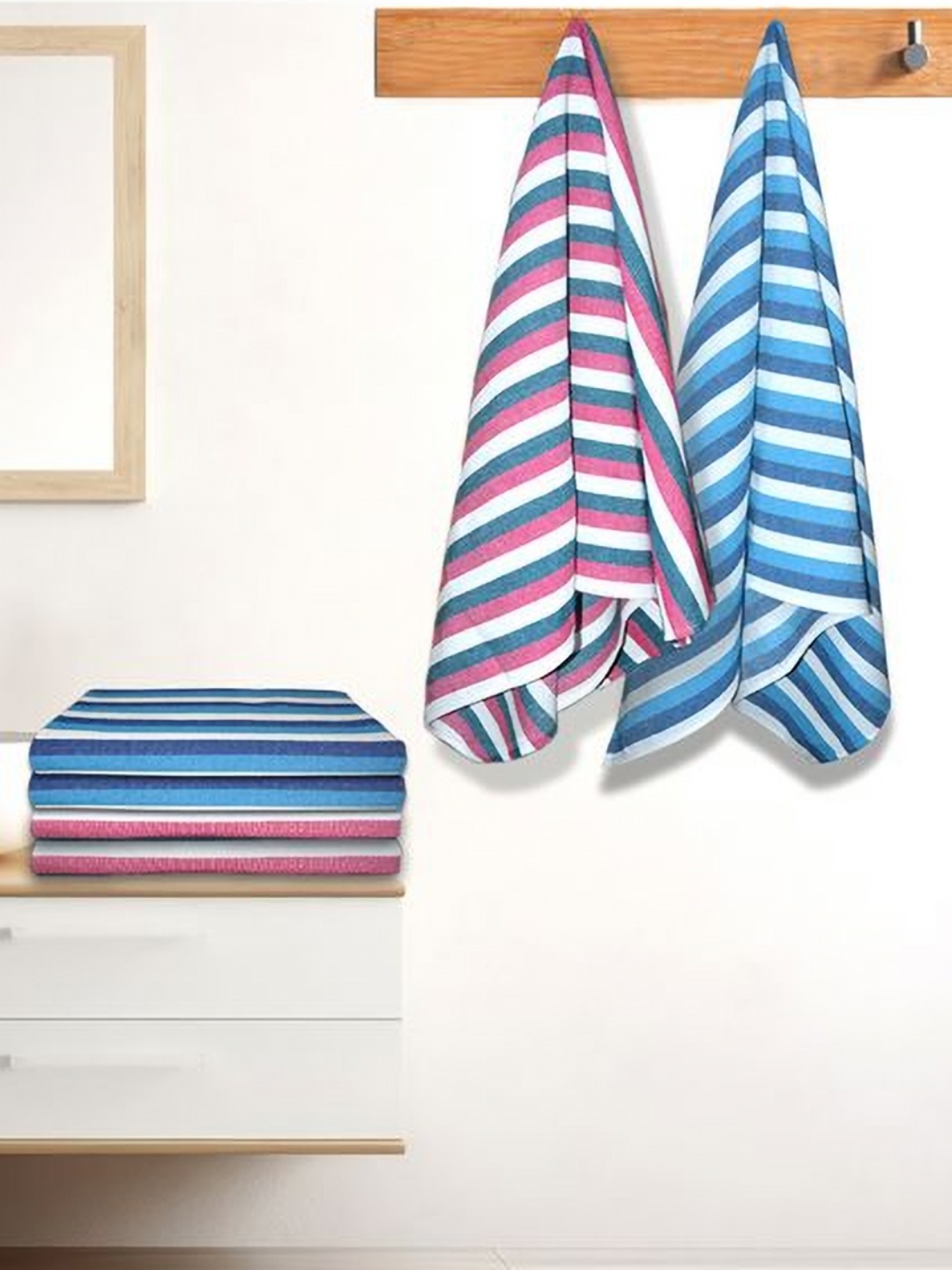 

Athom Living Iris Blue & Pink 6 Pieces Striped Printed Cotton 210 GSM Bath Towels