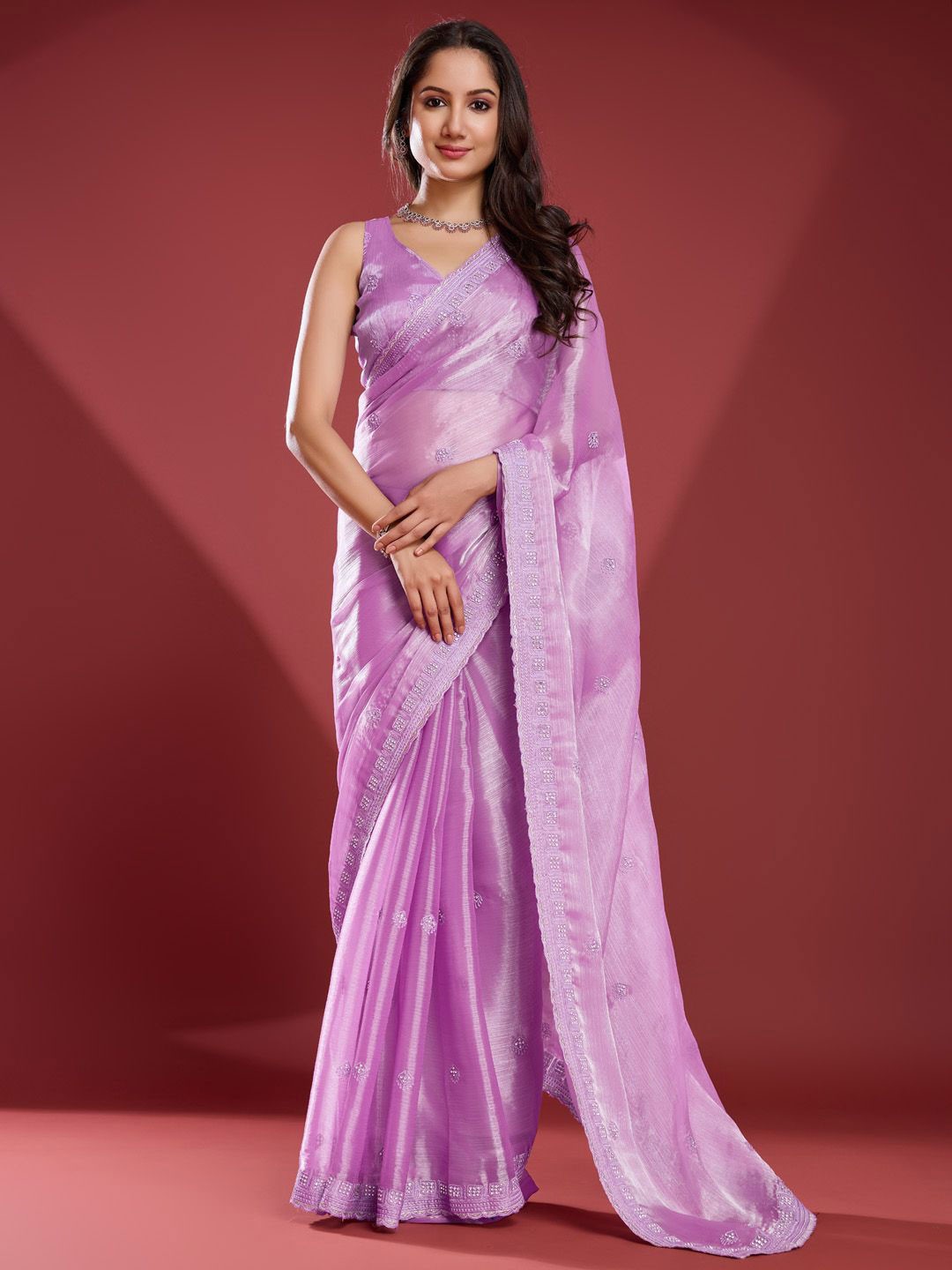 

Meena Bazaar Sequin Embroidered Organza Saree, Purple
