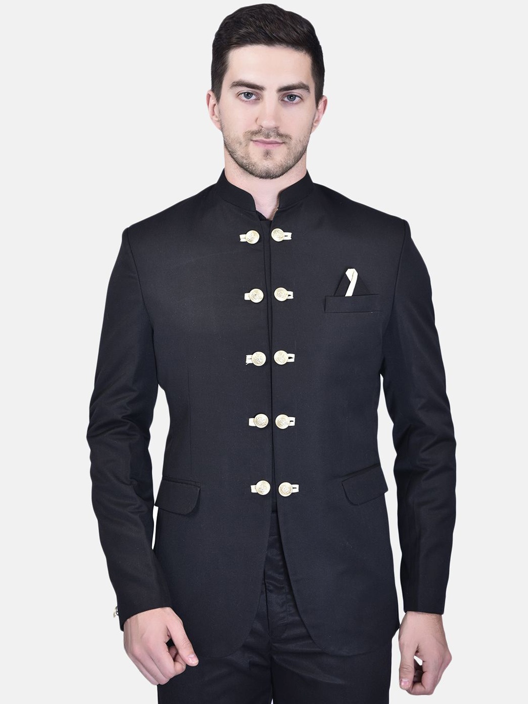 

BOWLIFESTYLE Mandarin Collar Single Breasted Bandhgala Blazer, Black