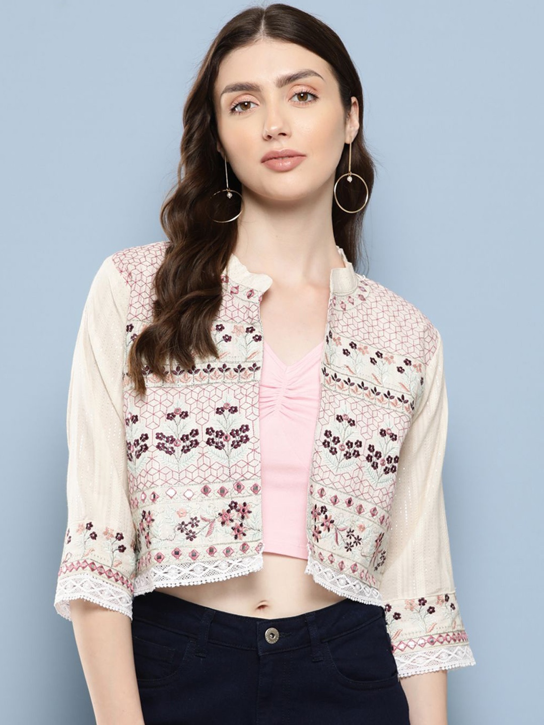 

The Roadster Lifestyle Co Embroidered Cotton Three Quarter Sleeve Shrug, Cream