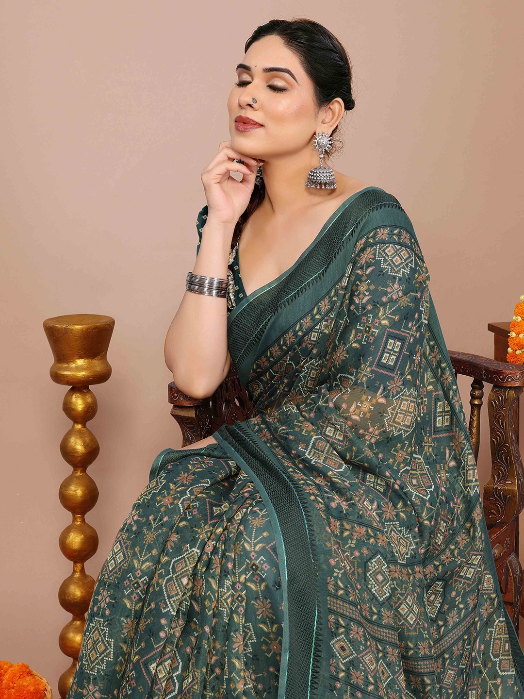 

KALINI Ethnic Motifs Ikat Saree, Teal