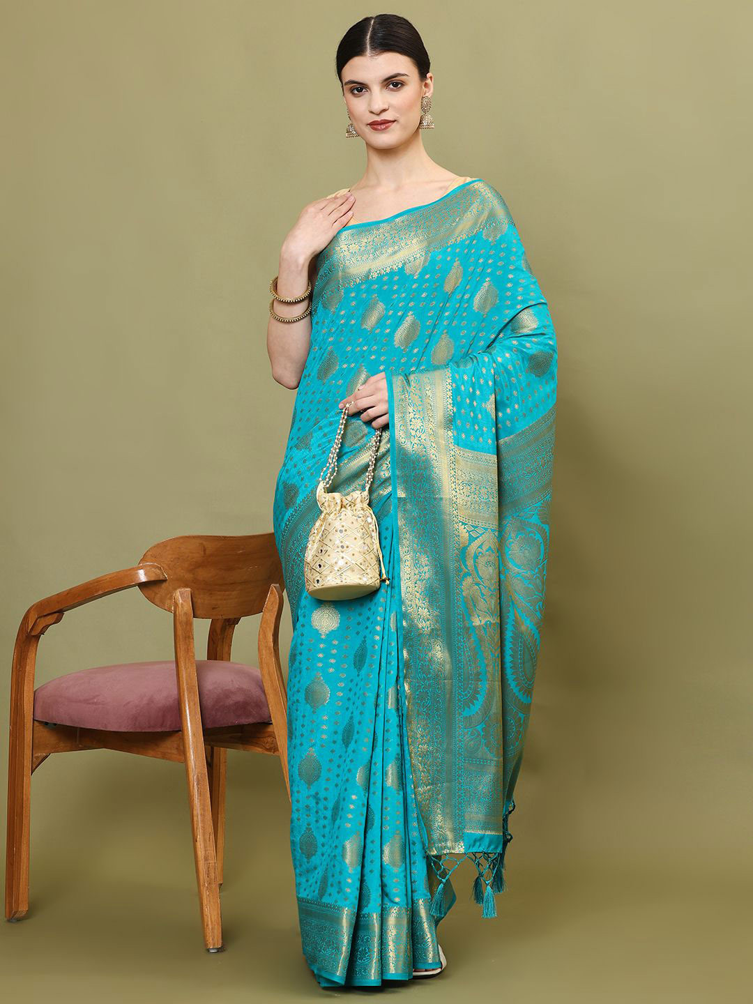 

Meena Bazaar Woven Design Zari Art Silk Saree, Blue