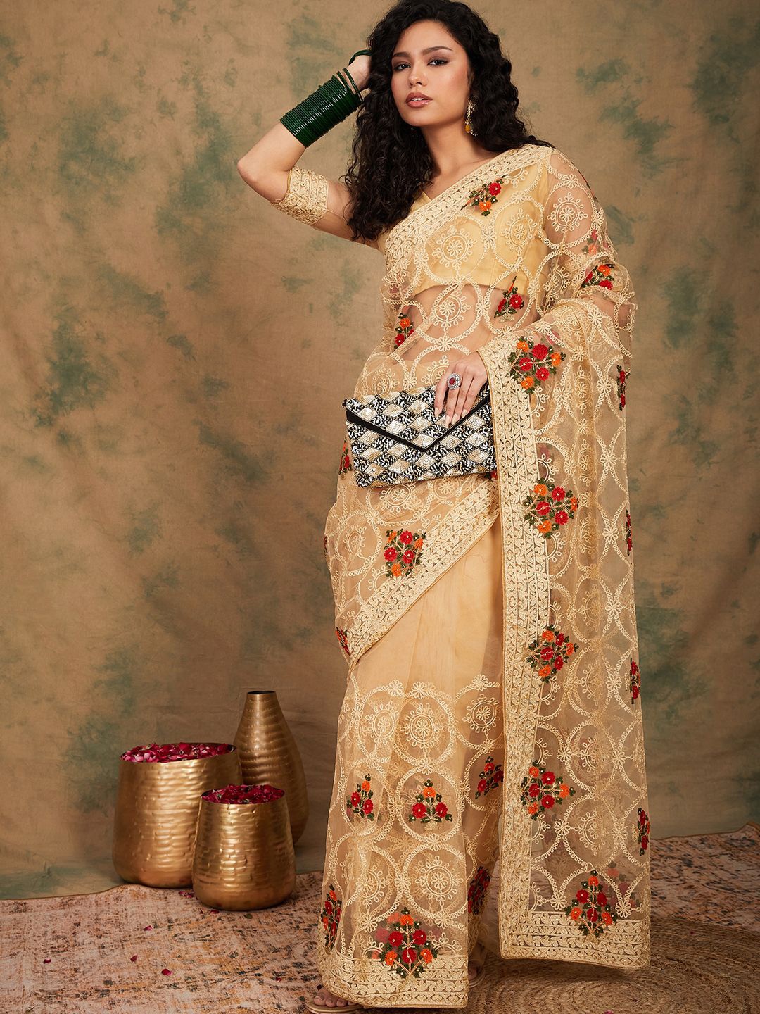 

Suha Embellished Embroidered Supernet Designer Saree, Beige