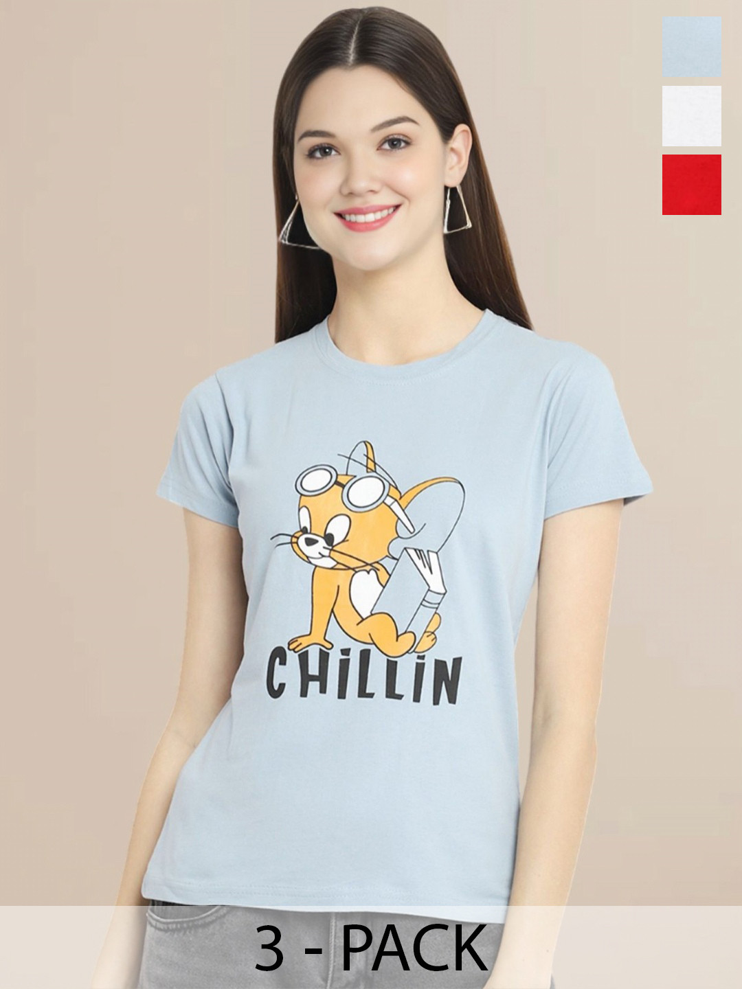 

Metronaut Women Pack Of 3 Typography Printed Round Neck Cotton Tom & Jerry T-shirts, White