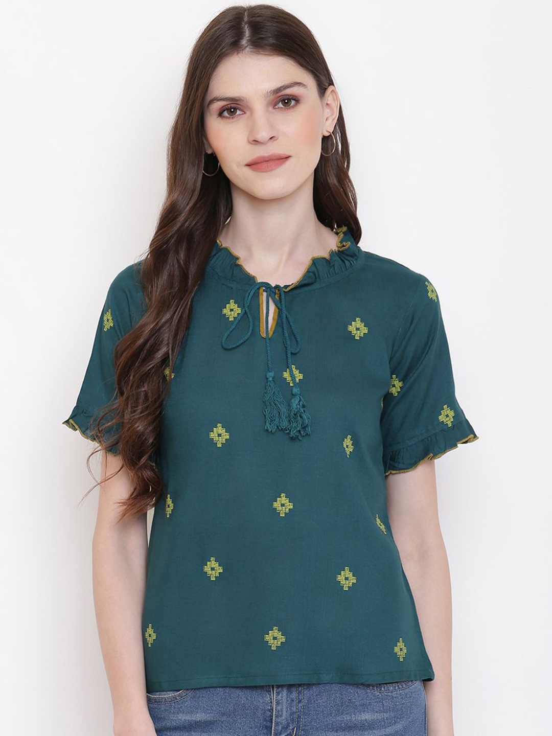 

DressBerry Women Ethnic Motifs Printed Tie-Up Neck Top, Teal