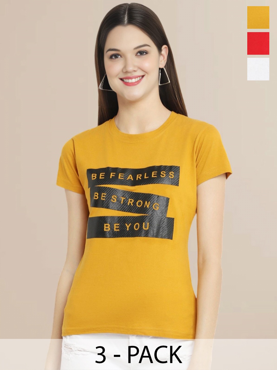 

Metronaut Women Pack Of 3 Typography Printed Round Neck Cotton T-shirts, White