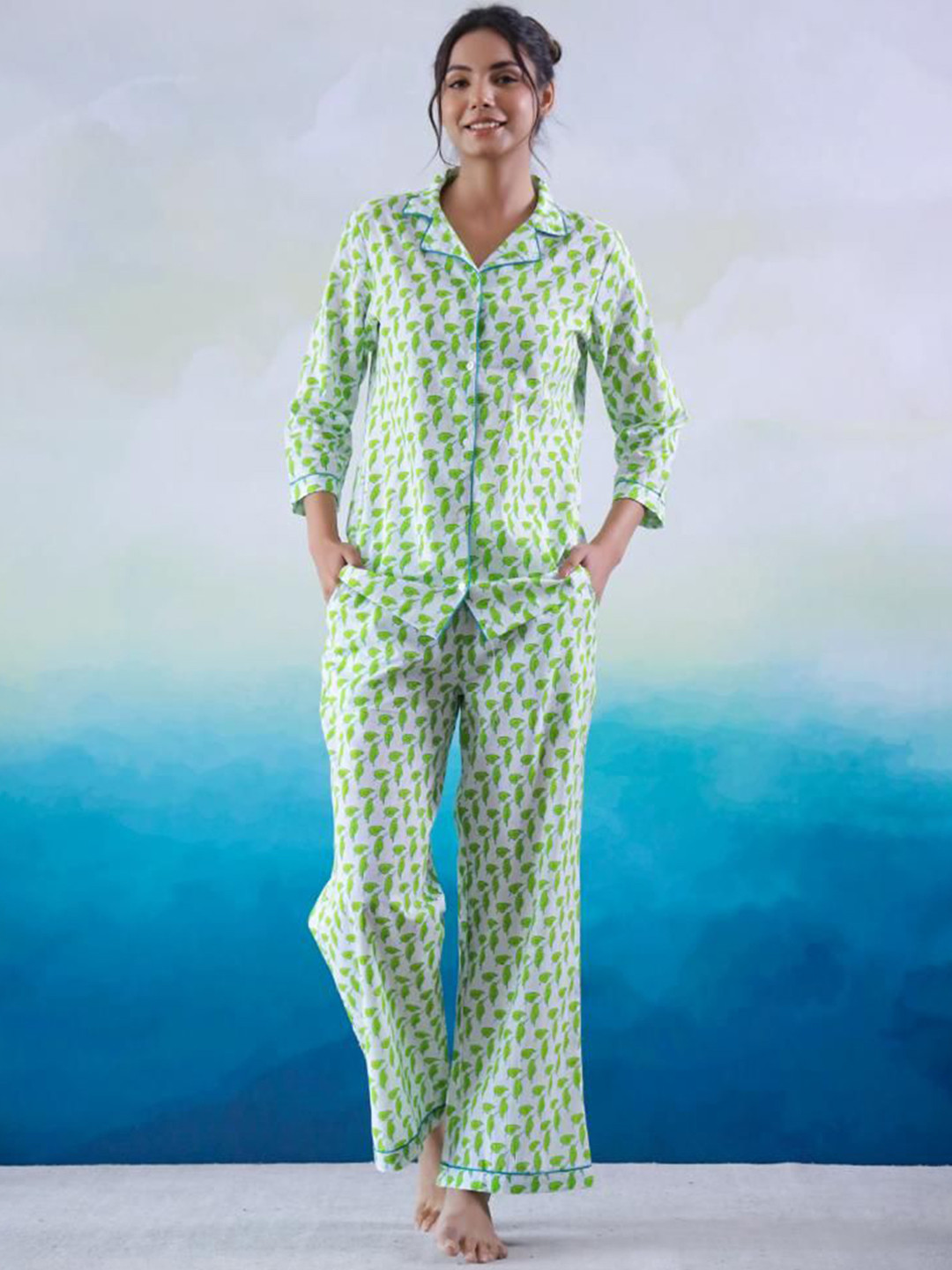 

FLAVIA CREATION Lapel Collar Printed Pure Cotton Shirt with Pyjama, White