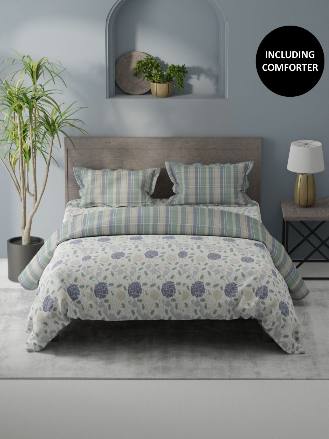 

KOPA White & Green 4 Pcs Floral Printed Cotton Queen Comforter & Bedsheet 2 Pillow Covers