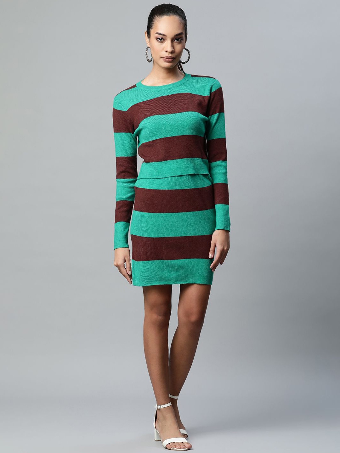 

Global Republic Striped Round Neck Long Sleeves Top With Skirt, Green