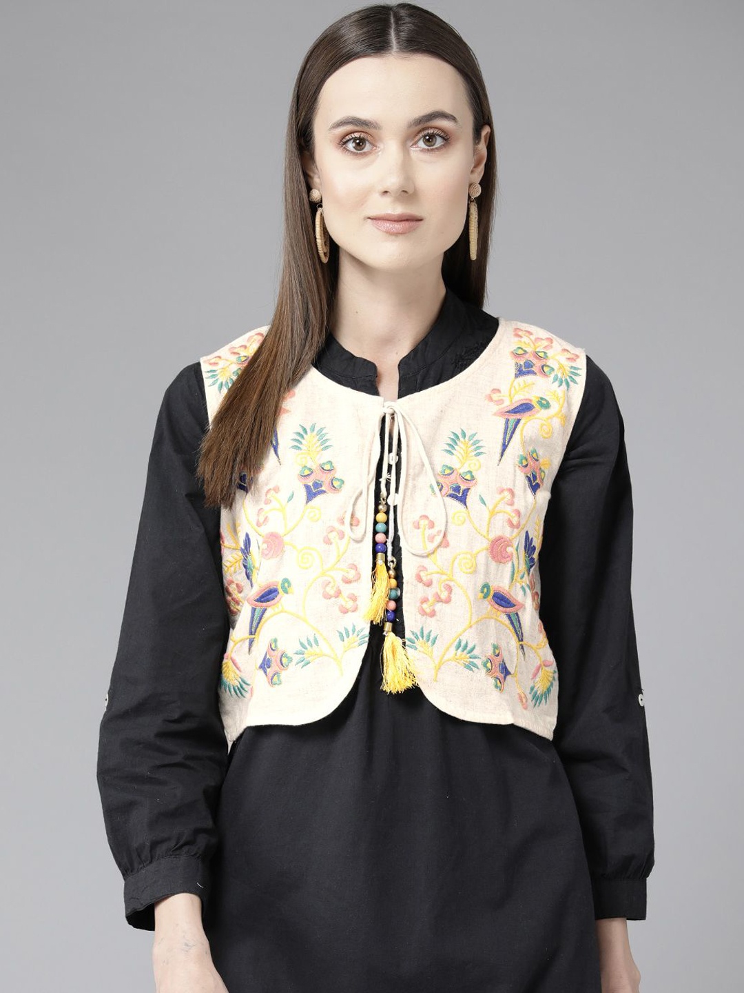 

The Roadster Lifestyle Co Embroidered Cotton Shrug, Cream