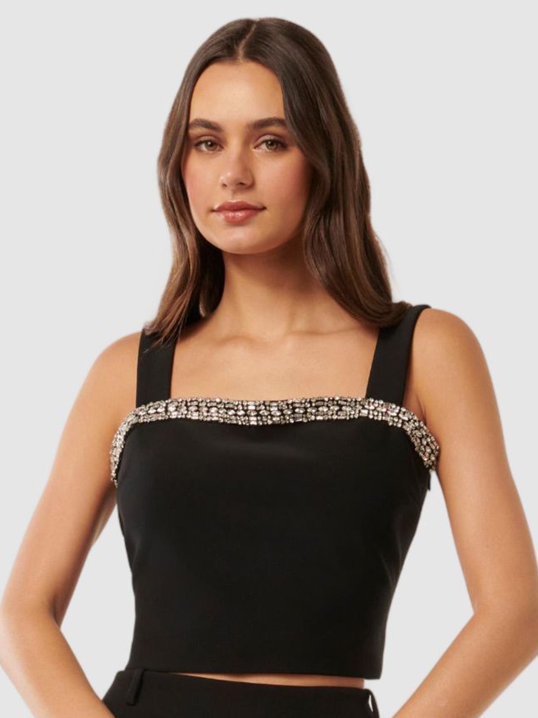 

Forever New Embellished Placement Print Crepe Crop Top, Black