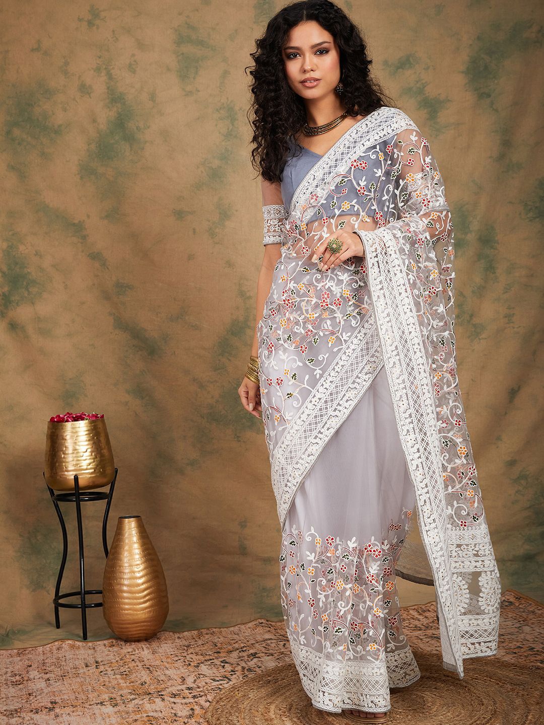 

Suha Embellished Embroidered Supernet Saree, Grey