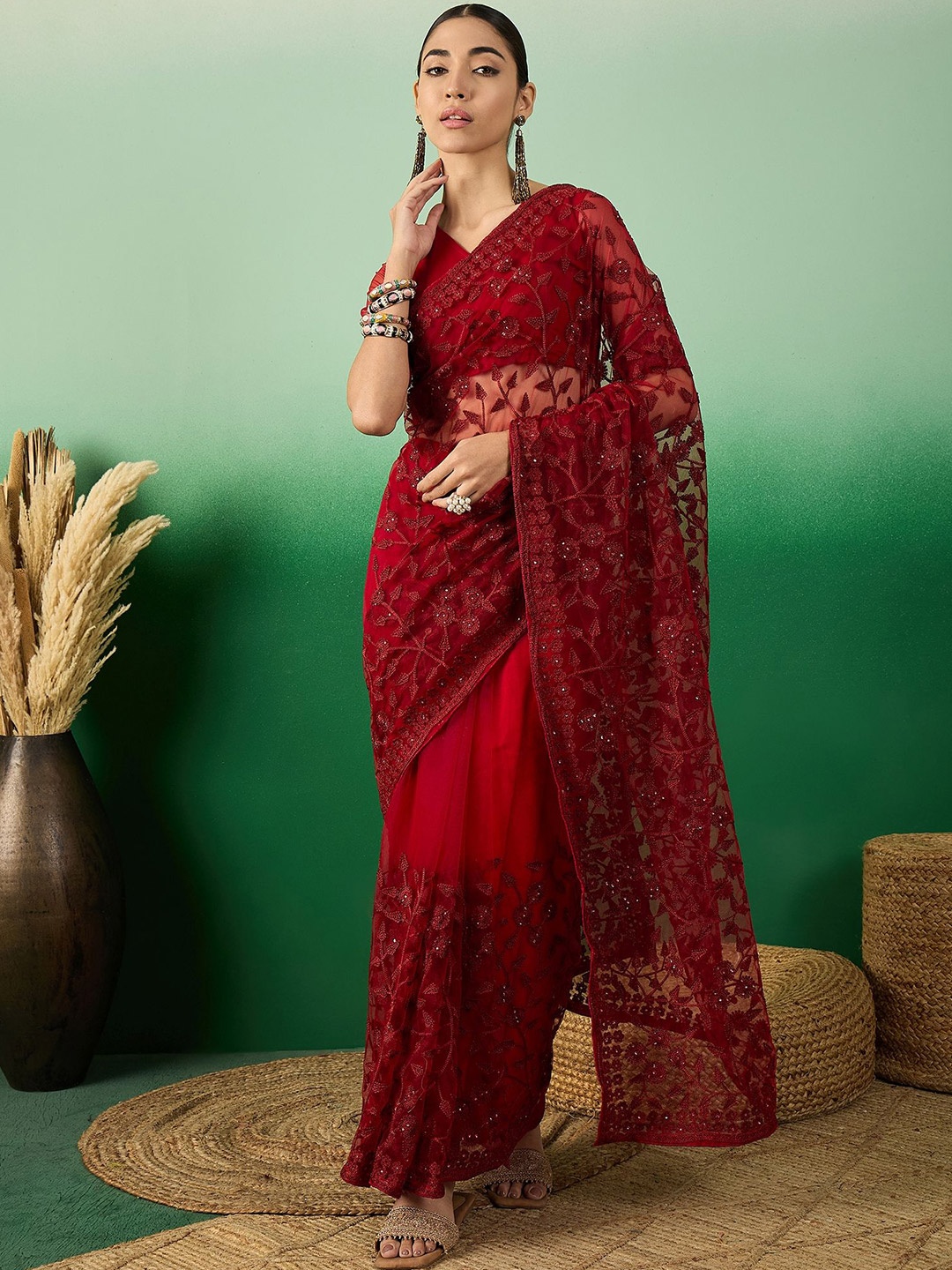 

Suha Embellished Sequinned Supernet Ready to Wear Saree, Maroon