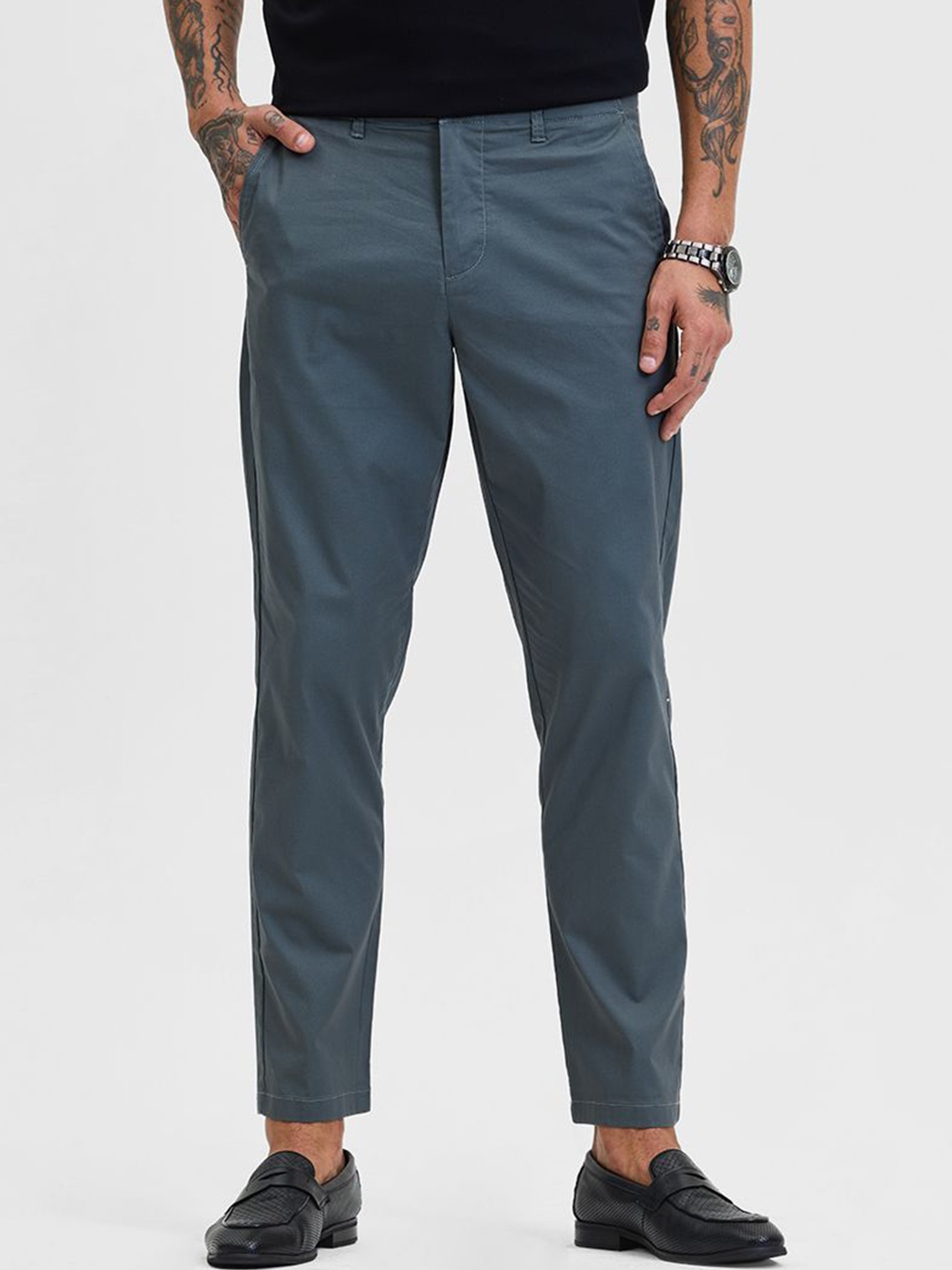 

Snitch Men Smart Slim Fit Chinos Trousers, Blue