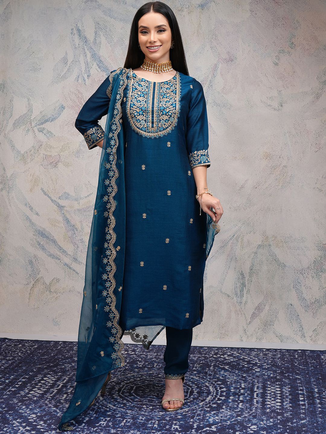 

Vishudh Women Ethnic Motifs Embroidered Regular Thread Work Kurta with Trousers & With Dupatta, Teal