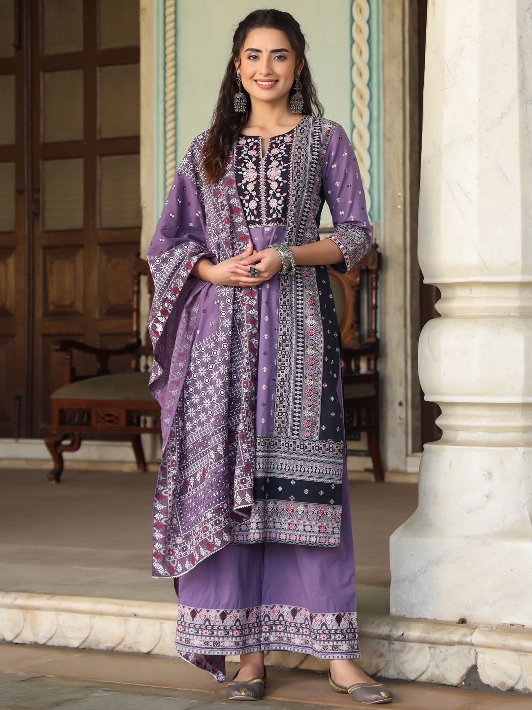 

Juniper Women Floral Printed Regular Thread Work Pure Cotton Kurta with Palazzos & With Dupatta, Lavender