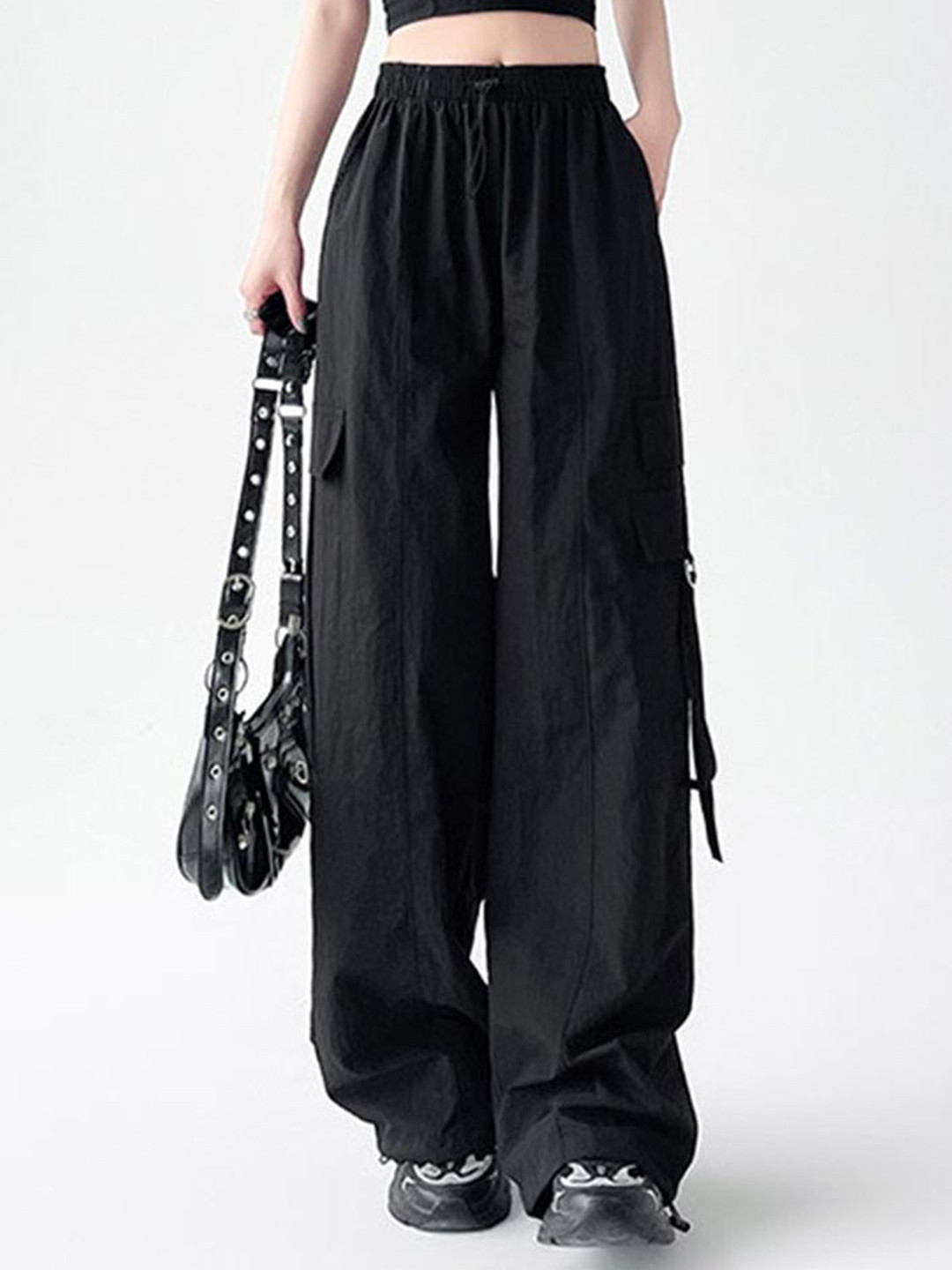 

LULU & SKY Women Straight Fit High-Rise Drop Crotch Trousers, Black