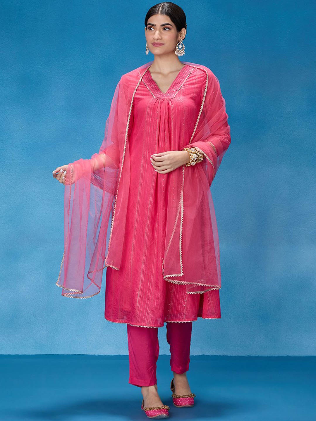 

Likha Women Pleated Chanderi Silk Kurta with Pyjamas & With Dupatta, Pink