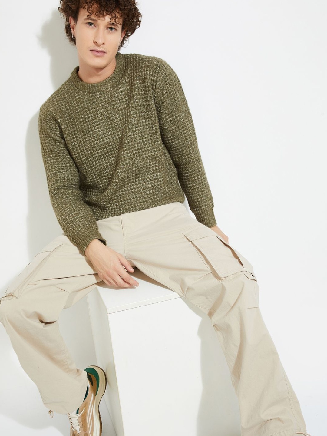 

MAX URB_N Men Heavy Knit Textured Sweater, Green