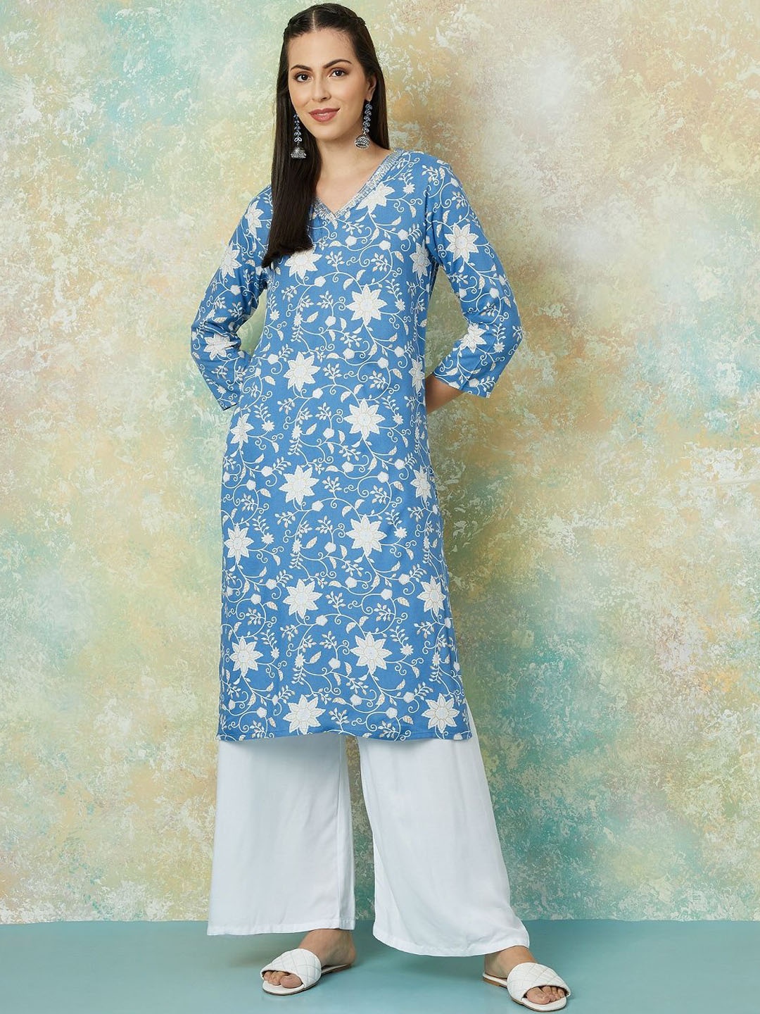 

Melange by Lifestyle Women Printed Flared Sleeves Thread Work Kurta, Blue