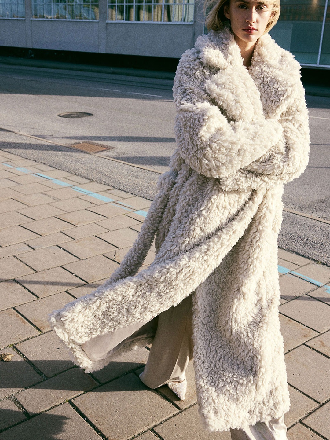 

H&M Women Fluffy Tie-Belt Coat, Beige