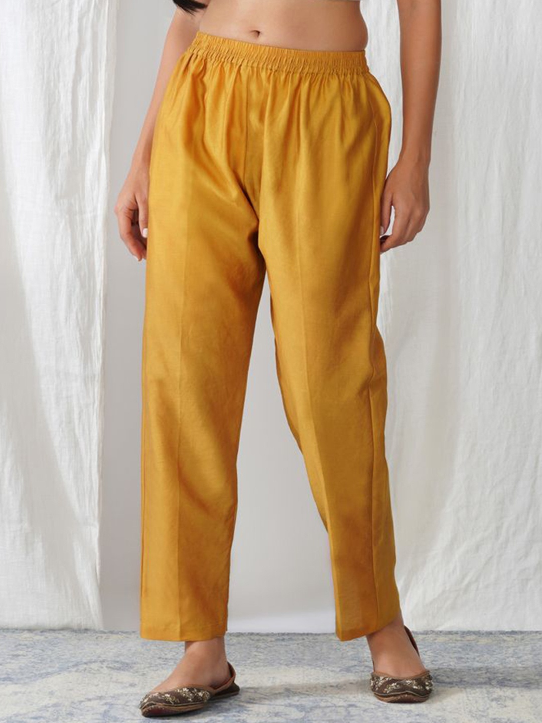 

zuri Women Cotton Mid-Rise Relaxed Straight Leg Trouser, Yellow