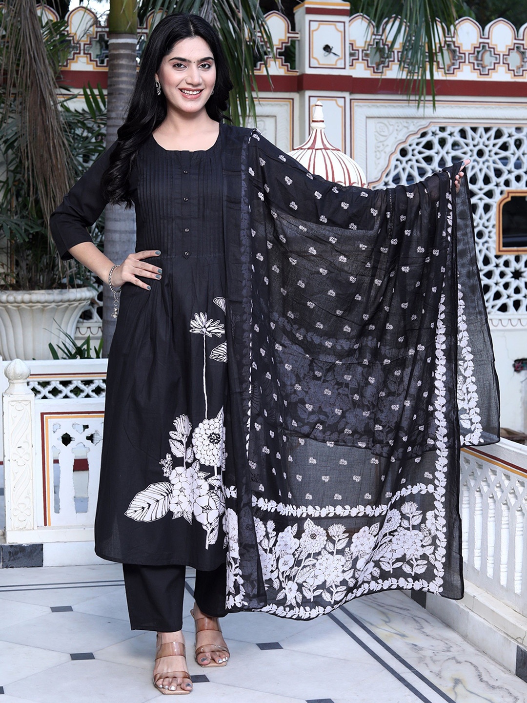 

KALINI Women Floral Embroidered Regular Pure Cotton Kurta with Trousers & With Dupatta, Black