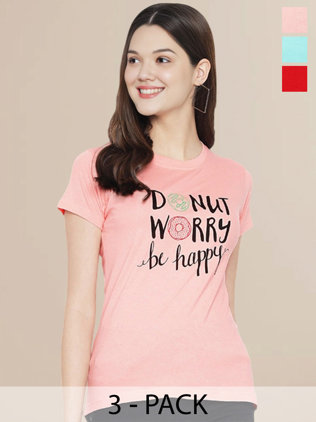 

Metronaut Women Pack Of 3 Typography Printed Round Neck Cotton T-shirts, Red