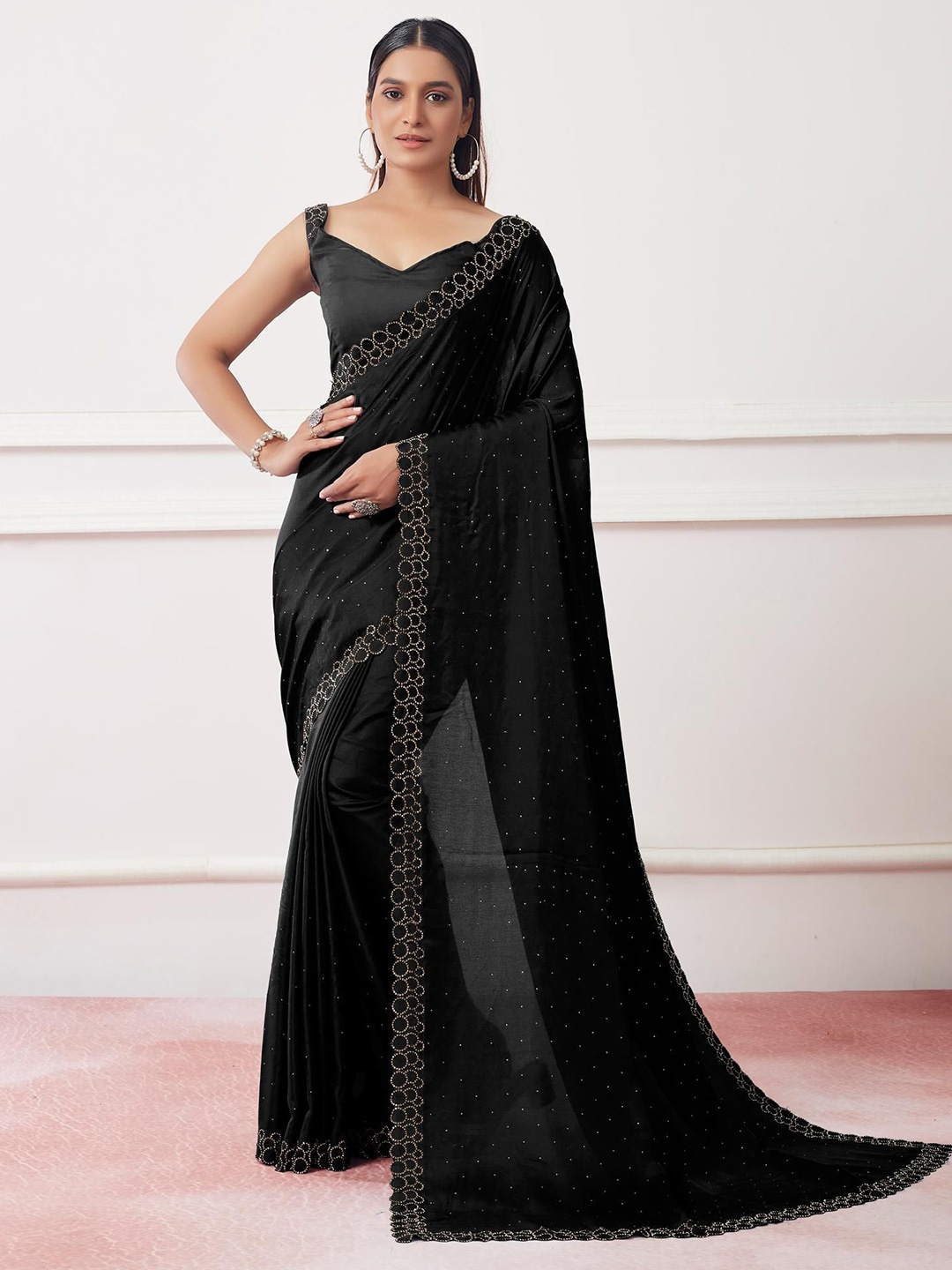 

Kalista Beads and Stones Satin Saree, Black