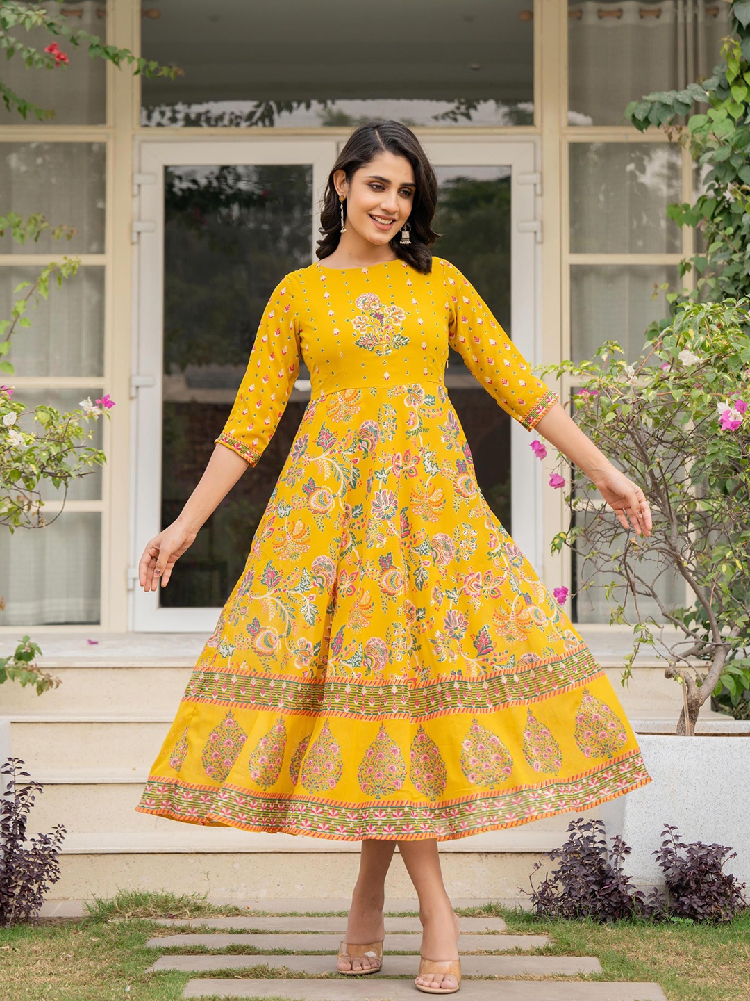 

Juniper Floral Print Georgette A-Line Maxi Dress, Mustard