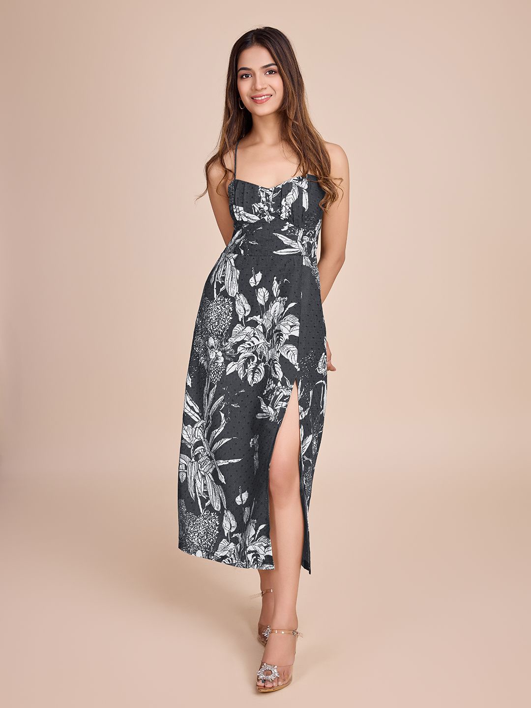 

HOUSE OF MIRA Floral Print Fit & Flare Midi Dress, Black