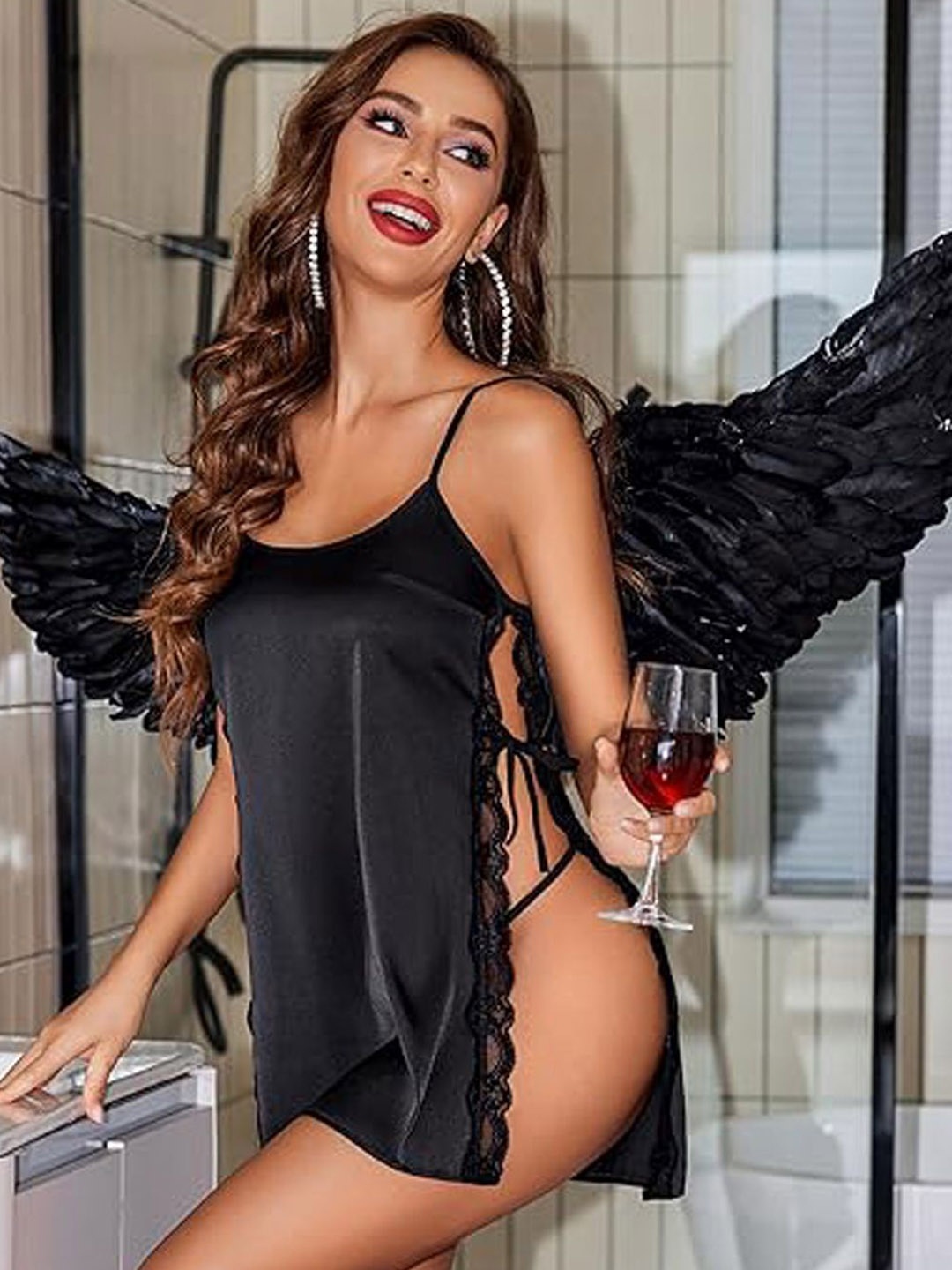 

Softwrap Satin Halter Neck Baby Doll, Black