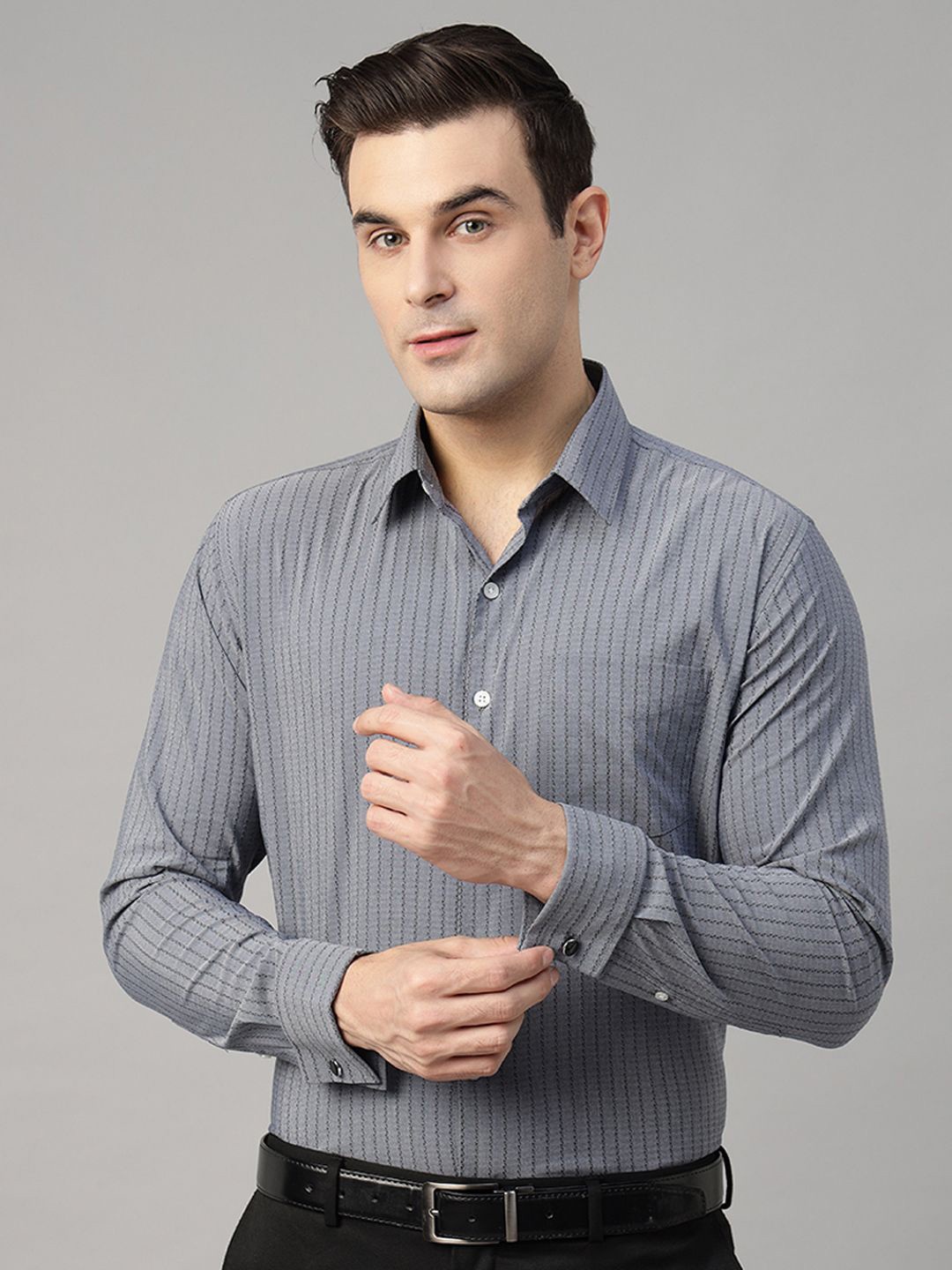 

Hancock Men Standard Slim Fit French Cuff Stretchable Formal Shirt, Grey