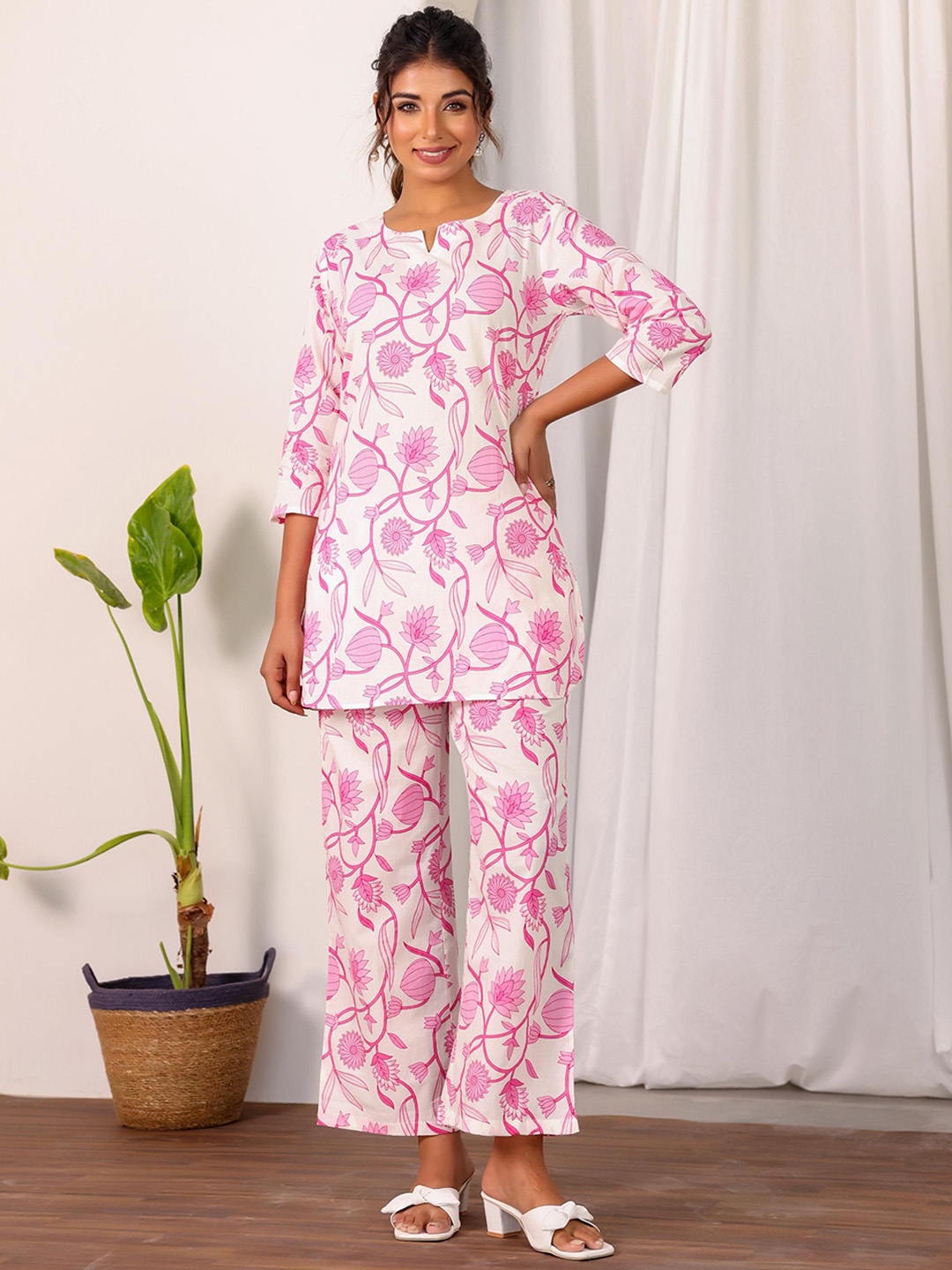 

FLAVIA CREATION Printed Three-Quarter Sleeves Pure Cotton Tunic & Trousers, White