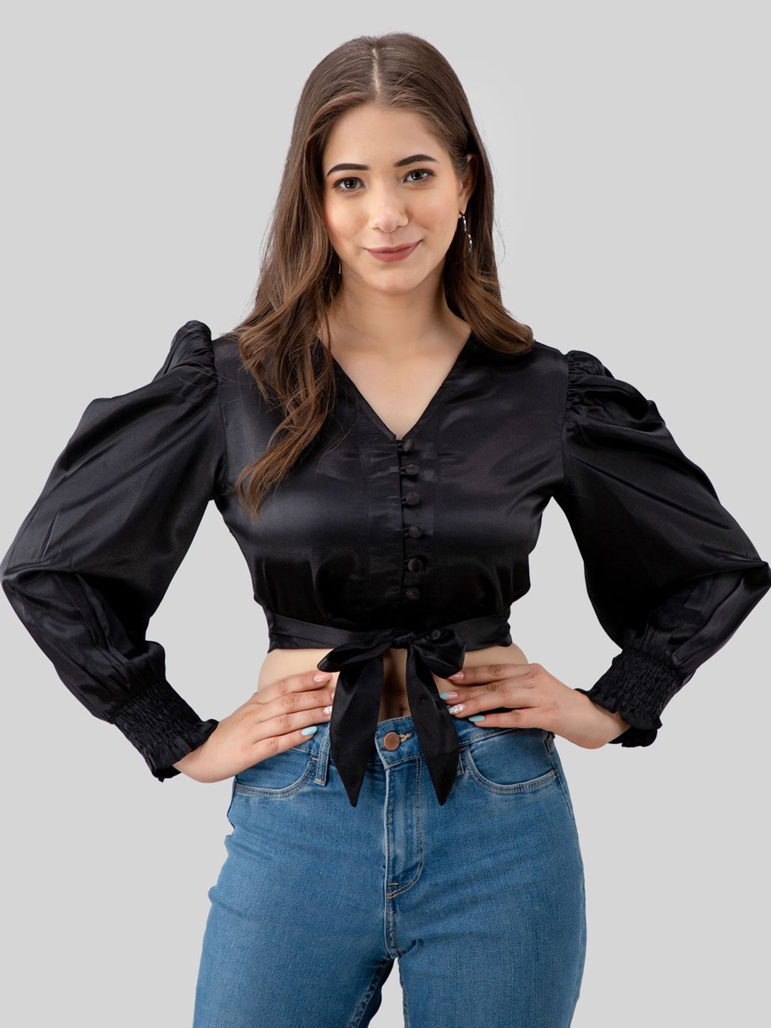 

all about you Puff Sleeve Cotton Cinched Waist Crop Top, Black